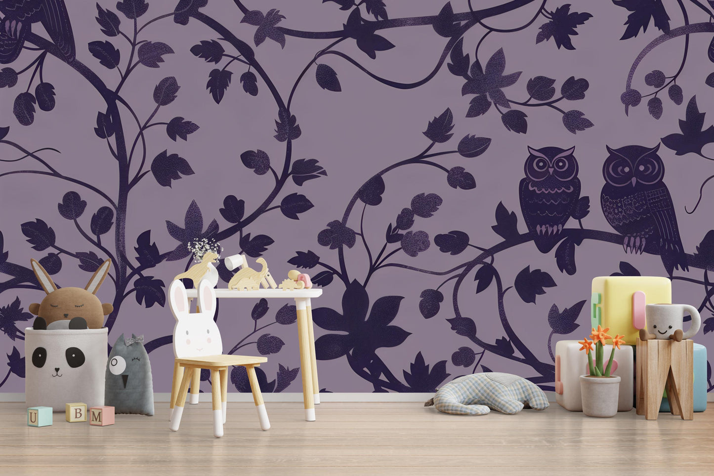 Purple Owl Wallpaper – Whimsical Forest Vine Wall Mural Vn1094
