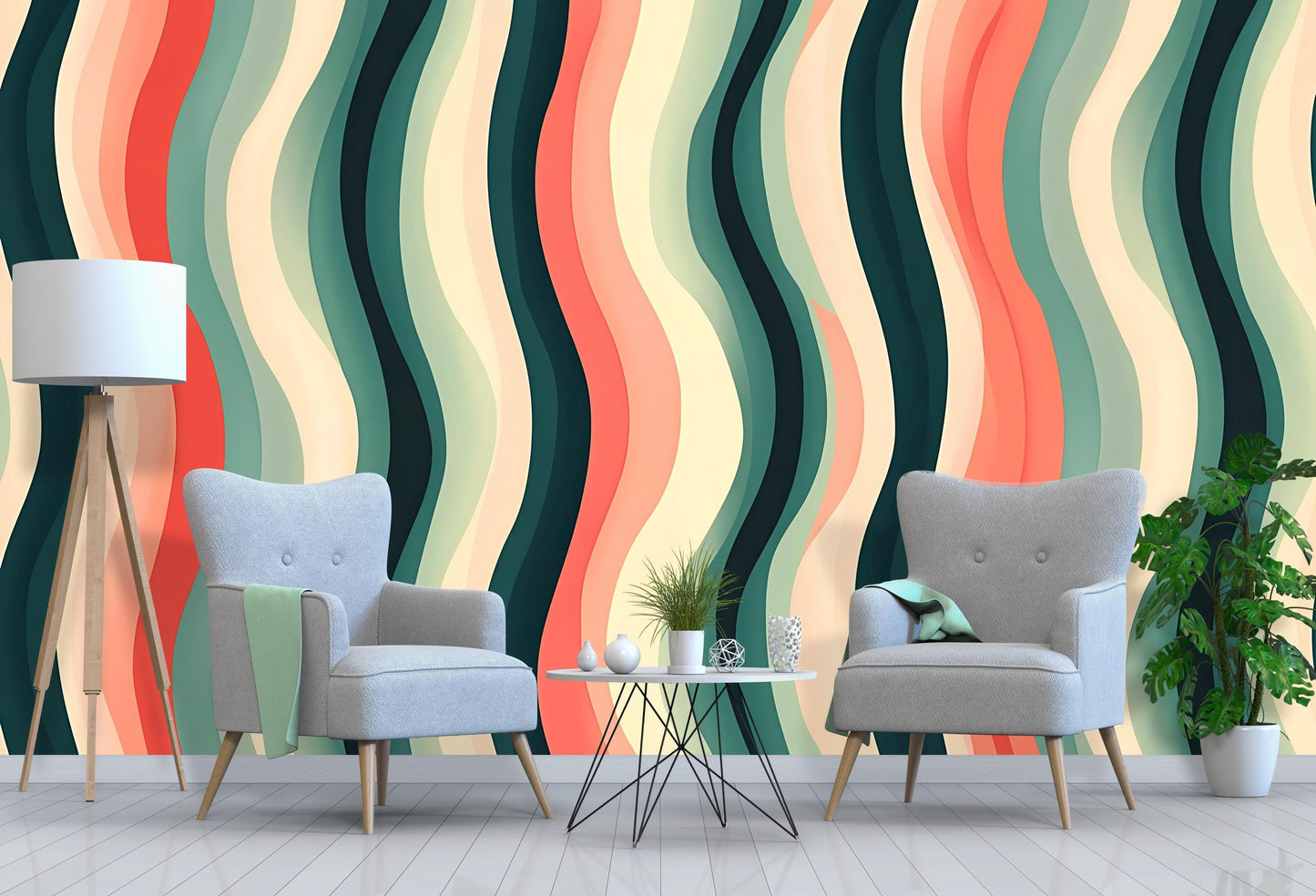 Retro Wavy Stripes Wallpaper – Funky Mid Century Modern Wall Mural Vn1022