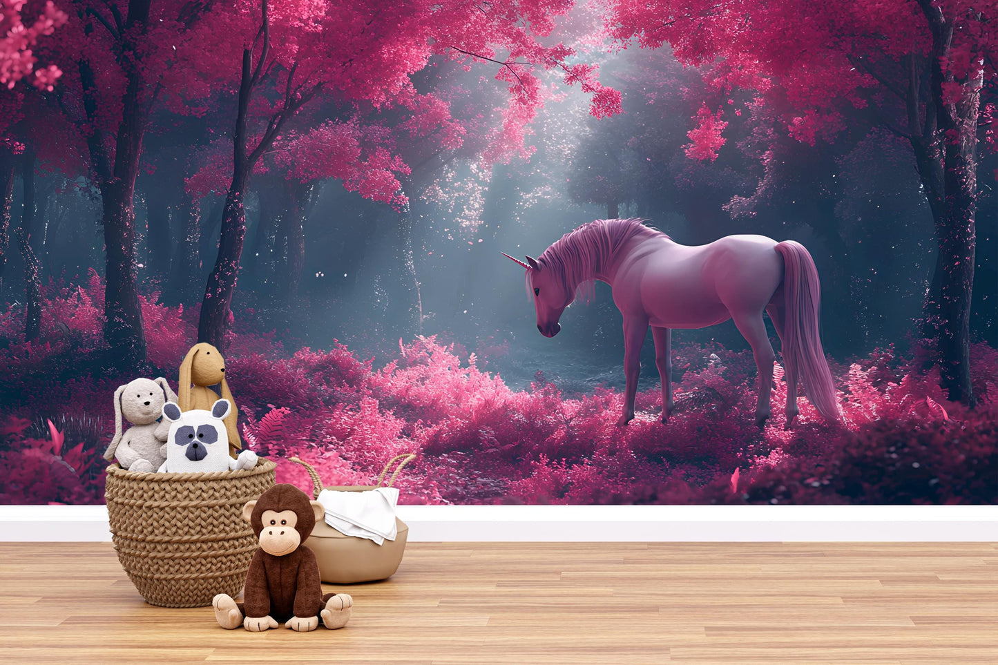 Magical Unicorn Wall Mural for Kids Room | Pink Fantasy Forest Wallpaper | Enchanted Unicorn Bedroom Decor Vn 301