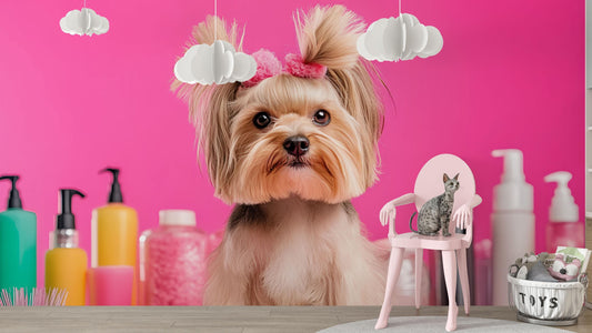 Cute Yorkie Dog Wall Mural – Pink Grooming Salon Backdrop for Pet Spa Decor Vn662