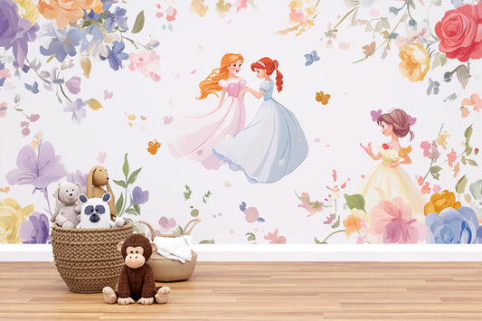 Princess Floral Wall Mural for Girls Room – Fairy Tale Wallpaper, Pastel Nursery Decor, Princess Theme Wall Art Vn277
