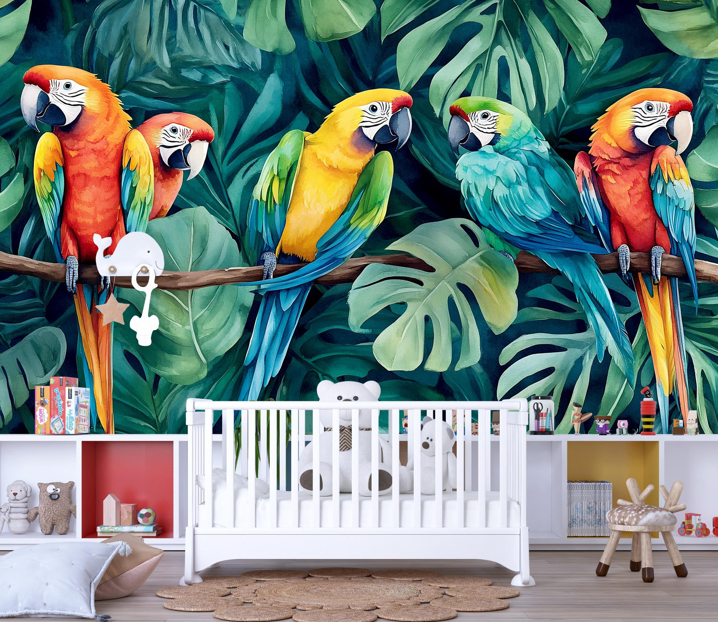 Tropical Parrot Wall Mural – Colorful Jungle Nursery Decor Vn960