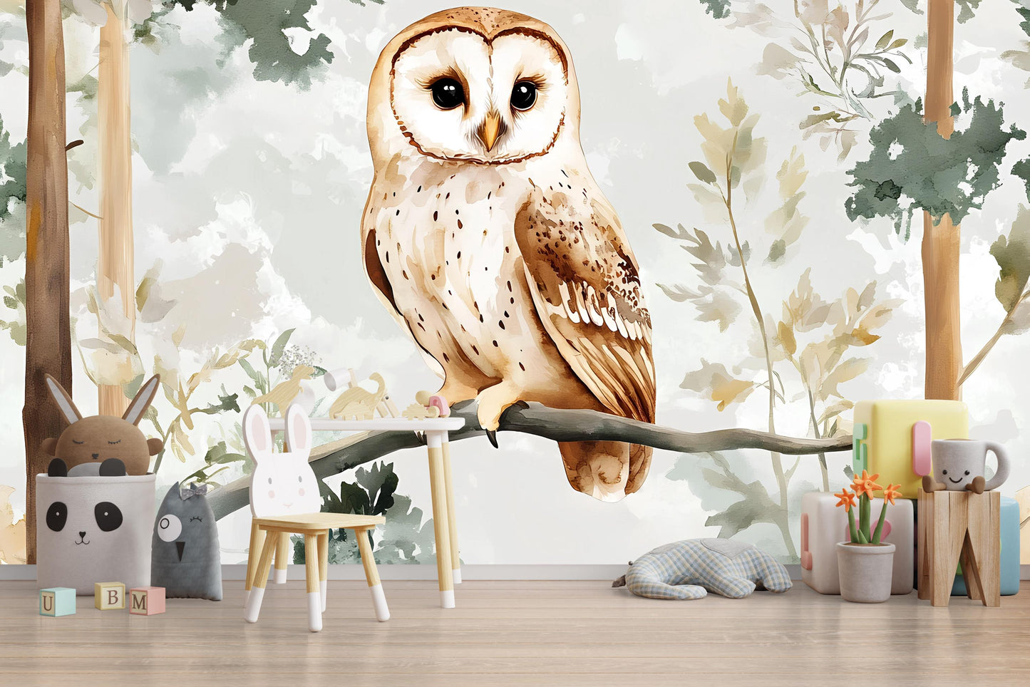 Whimsical Owl Wall Mural for Kids Room | Woodland Animal Nursery Wallpaper | Forest Bird Accent Wall | Large Owl Art for Playroom Vn501