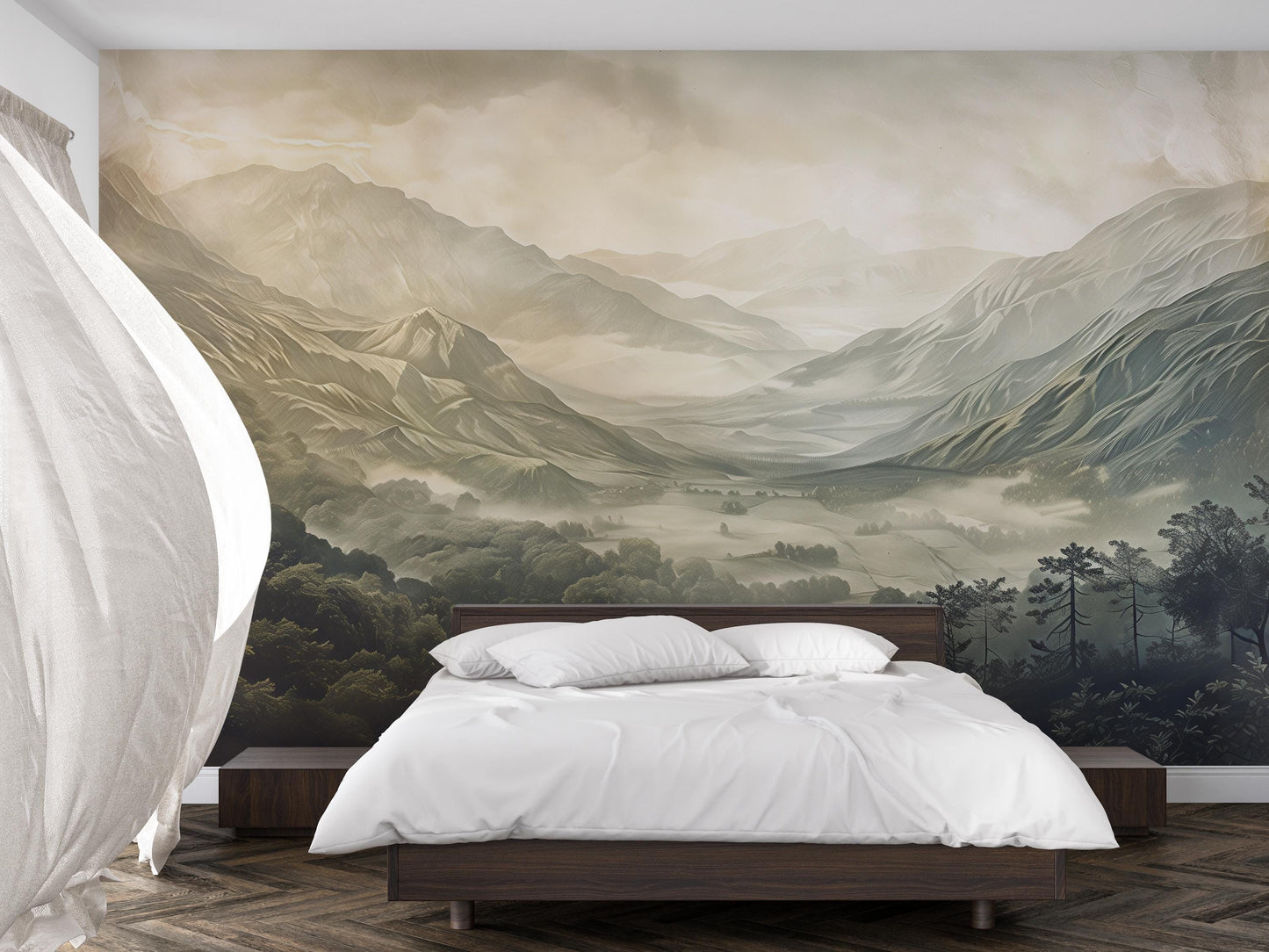 Misty Mountain Wall Mural – Scenic Forest Valley Wallpaper for Bedroom Vn1007