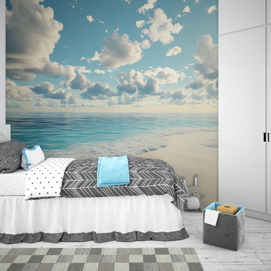 Ocean View Wall Mural for Bedroom – Coastal Seascape Accent Wall Art – Serene Blue Sky Beach Wallpaper Vn283