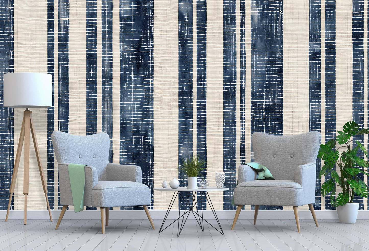 Navy Blue Striped Wallpaper | Modern Coastal Wall Mural | Vertical Stripe Wall Decor Vn1030