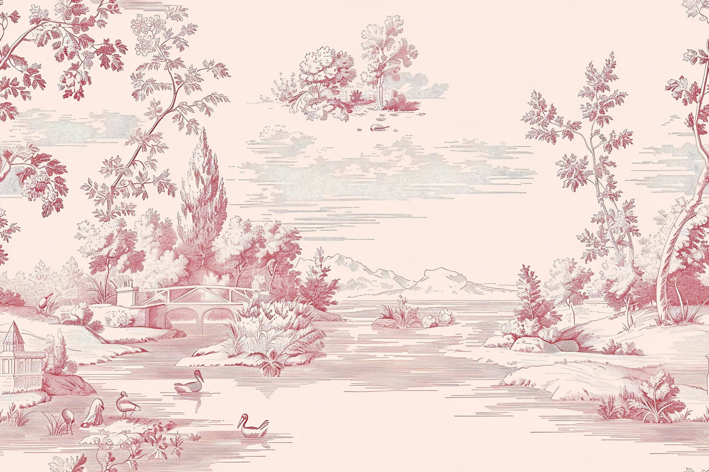 Pink Toile Wall Mural | French Vintage Landscape Wallpaper Vn1037