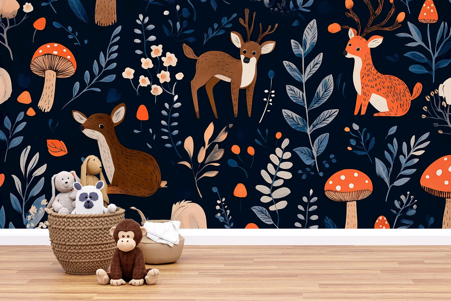 Woodland Nursery Wallpaper – Forest Animal Wall Mural – Kids Room Deer & Mushroom Decor – Removable Peel and Stick Wallpaper Vn724
