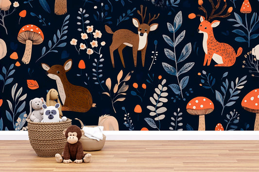 Woodland Nursery Wallpaper – Forest Animal Wall Mural – Kids Room Deer & Mushroom Decor – Removable Peel and Stick Wallpaper Vn724
