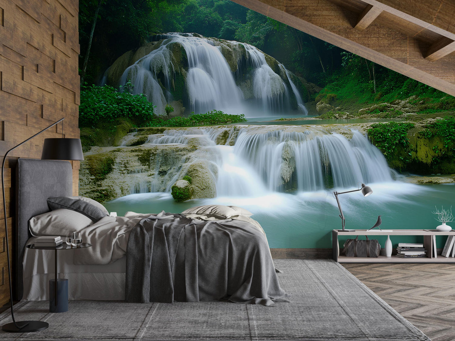 Waterfall Wall Mural for Bedroom – Tranquil Nature Scene Wallpaper – Forest Waterfall Accent Wall Décor – Scenic Photo Wall Art Vn701