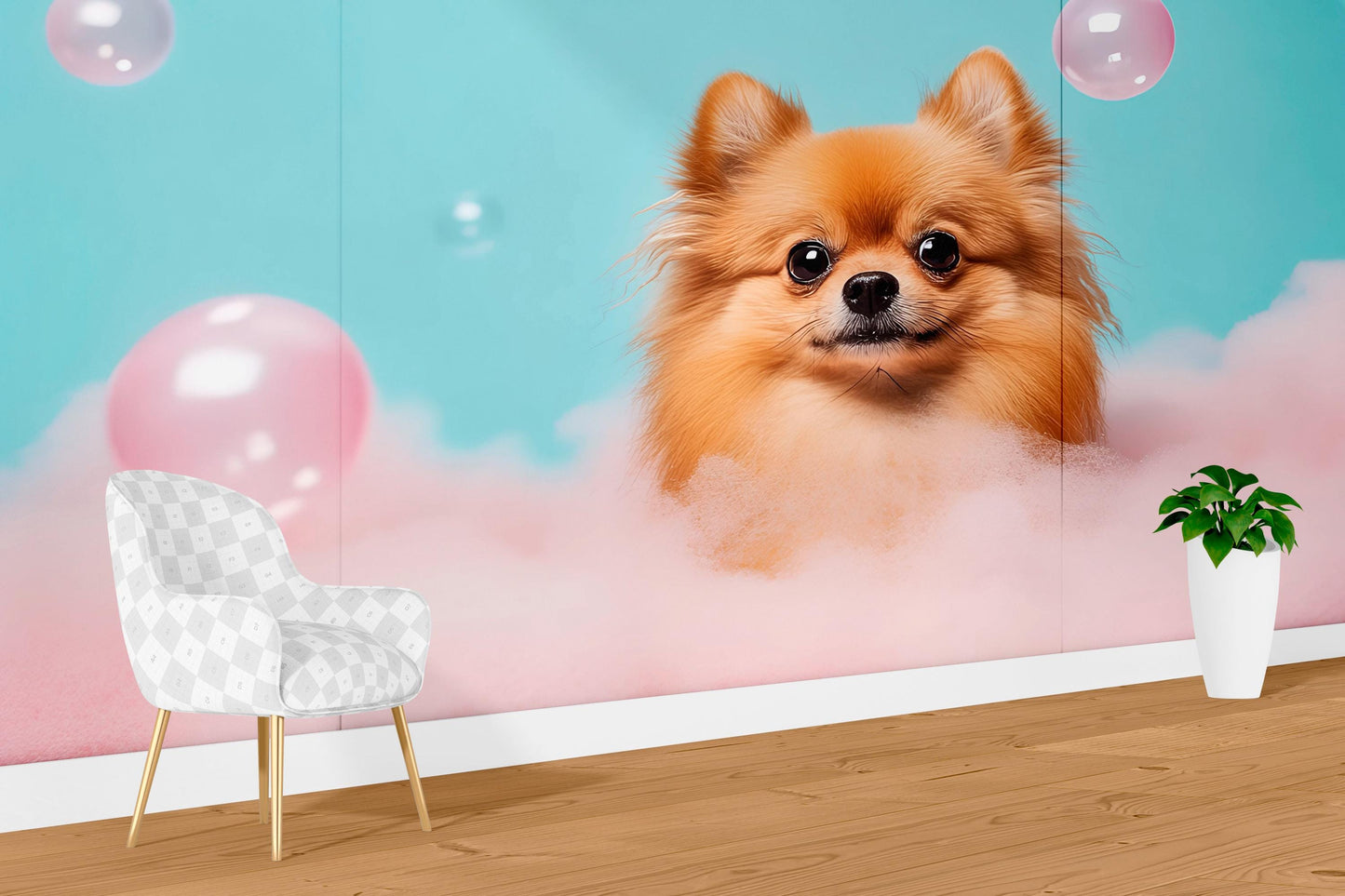 Cute Pomeranian Dog Wall Mural - Pink Cloud & Bubble Background - Kawaii Pet Art for Nursery, Kids Room, or Pet Lover Decor Vn664