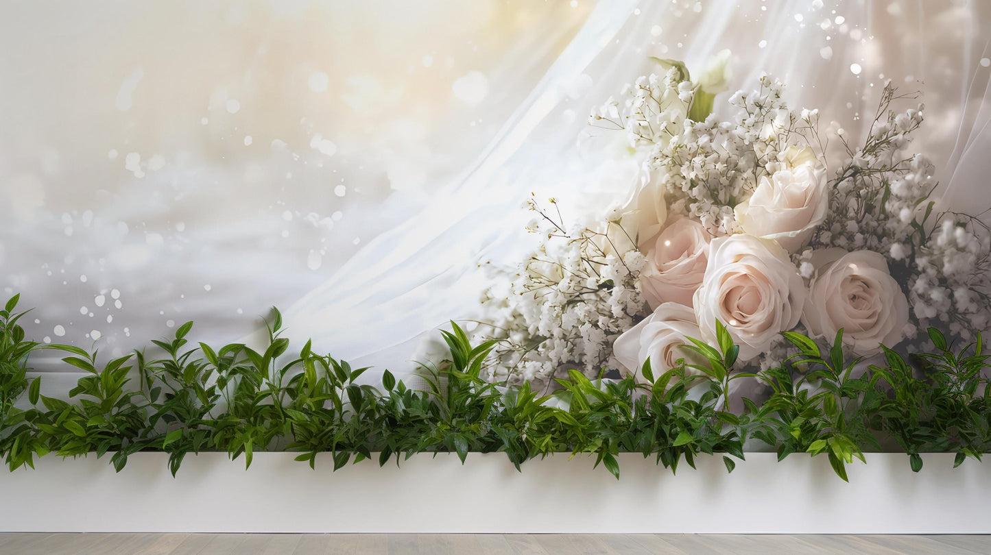 Elegant White Rose Wedding Backdrop - Floral Greenery Photo Wall - Romantic Bridal Shower Decor - Large Flower Wall Mural Vn508