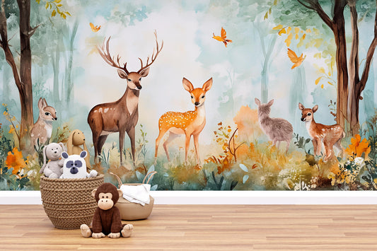 Woodland Deer Wall Mural for Kids Room – Forest Animal Nursery Wallpaper – Removable Jungle Nature Theme Décor Vn339