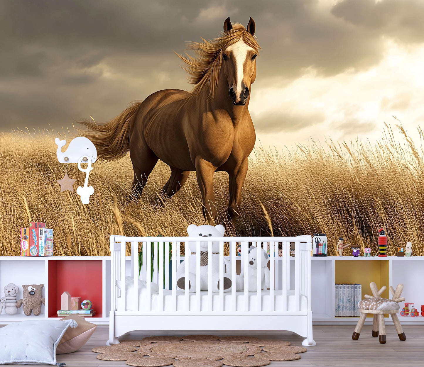 Wild Horse Wall Mural – Realistic Running Horse in Golden Field Wallpaper for Nursery or Bedroom Vn777