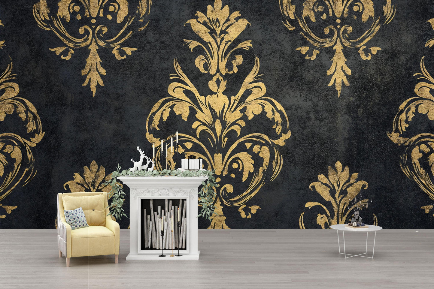 Luxury Baroque Black & Gold Damask Wallpaper – Elegant Textured Wall Mural Vn639