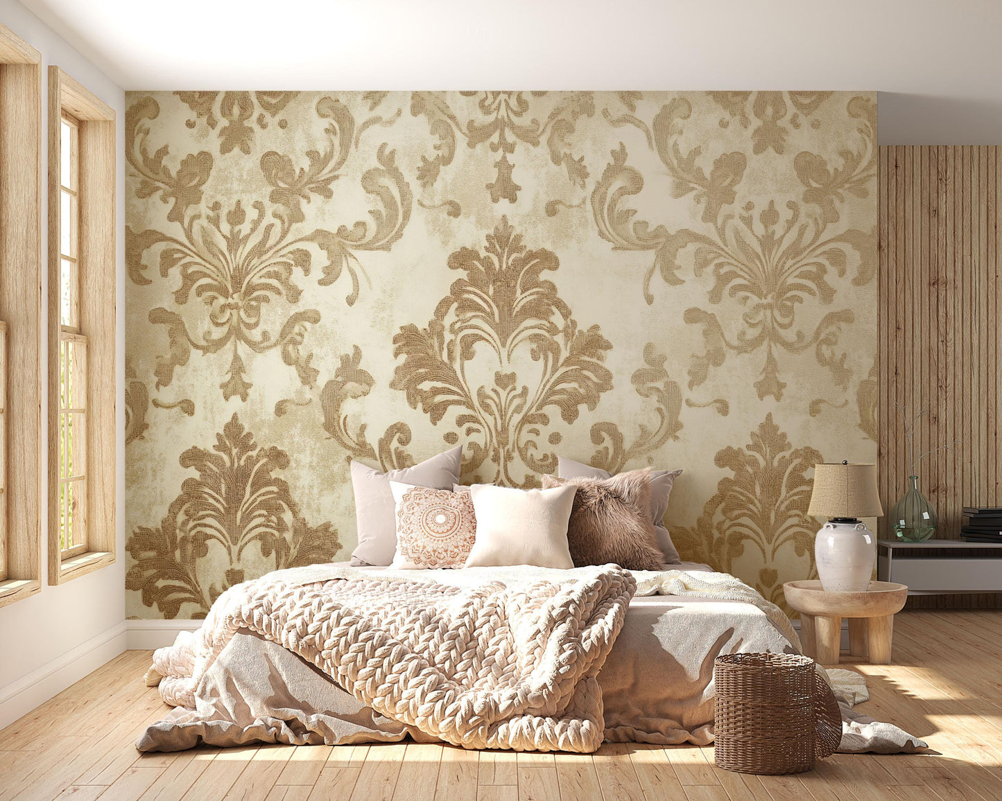 Luxury Modern Bed with Velvet Upholstery, Unique Arched Headboard, Glam Bedroom Decor, Minimalist Floor Bed, Neutral Tones Vn634