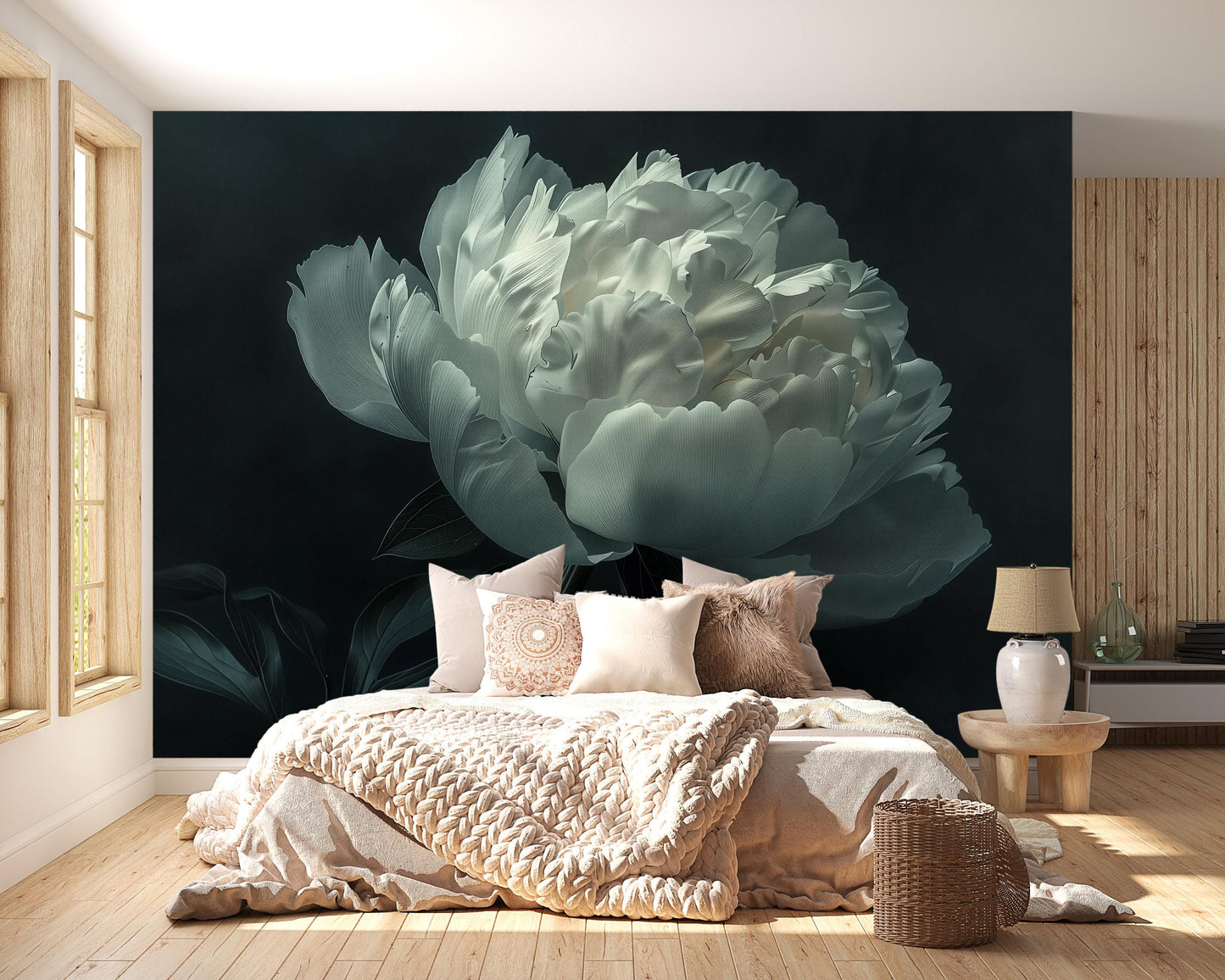 White Peony Wall Mural – Oversized Floral Wallpaper for Bedroom Accent Wall Vn1049
