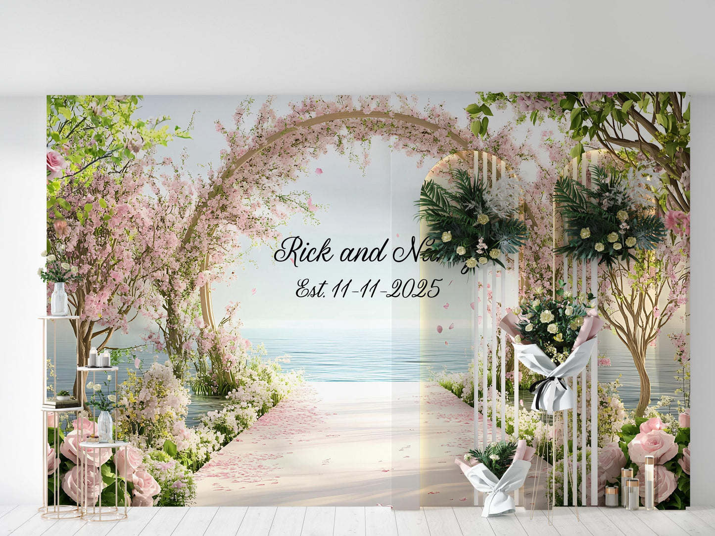 Romantic Wedding Backdrop with Names & Date – Cherry Blossom Arch Decor Vn511