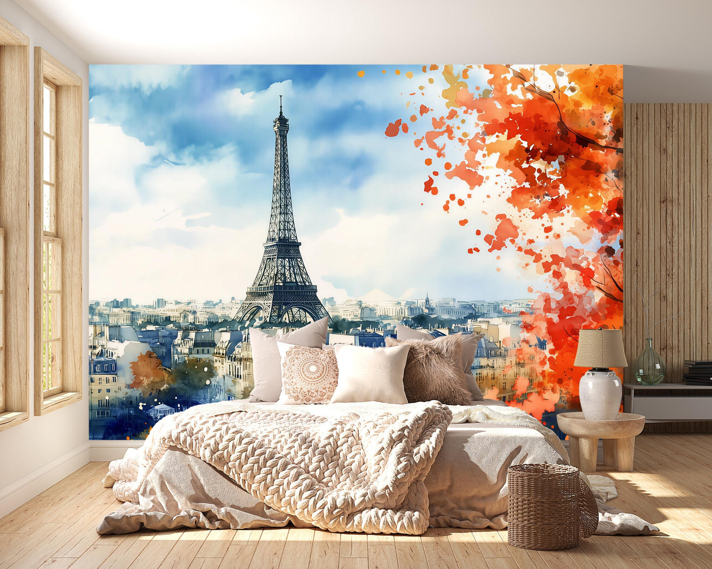 Paris Eiffel Tower Wall Mural – Watercolor Paris Skyline Wallpaper Vn927