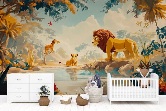 Lion King Jungle Mural | Safari Wall Art for Kids Room | Animal Nursery Wallpaper Vn272