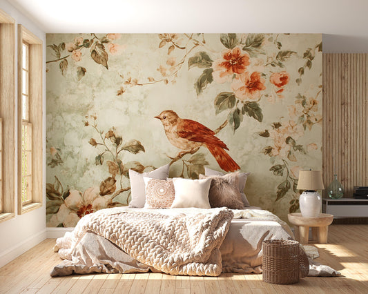 Vintage Bird Mural – Floral Botanical Wallpaper Rustic Wall Decor Vn999