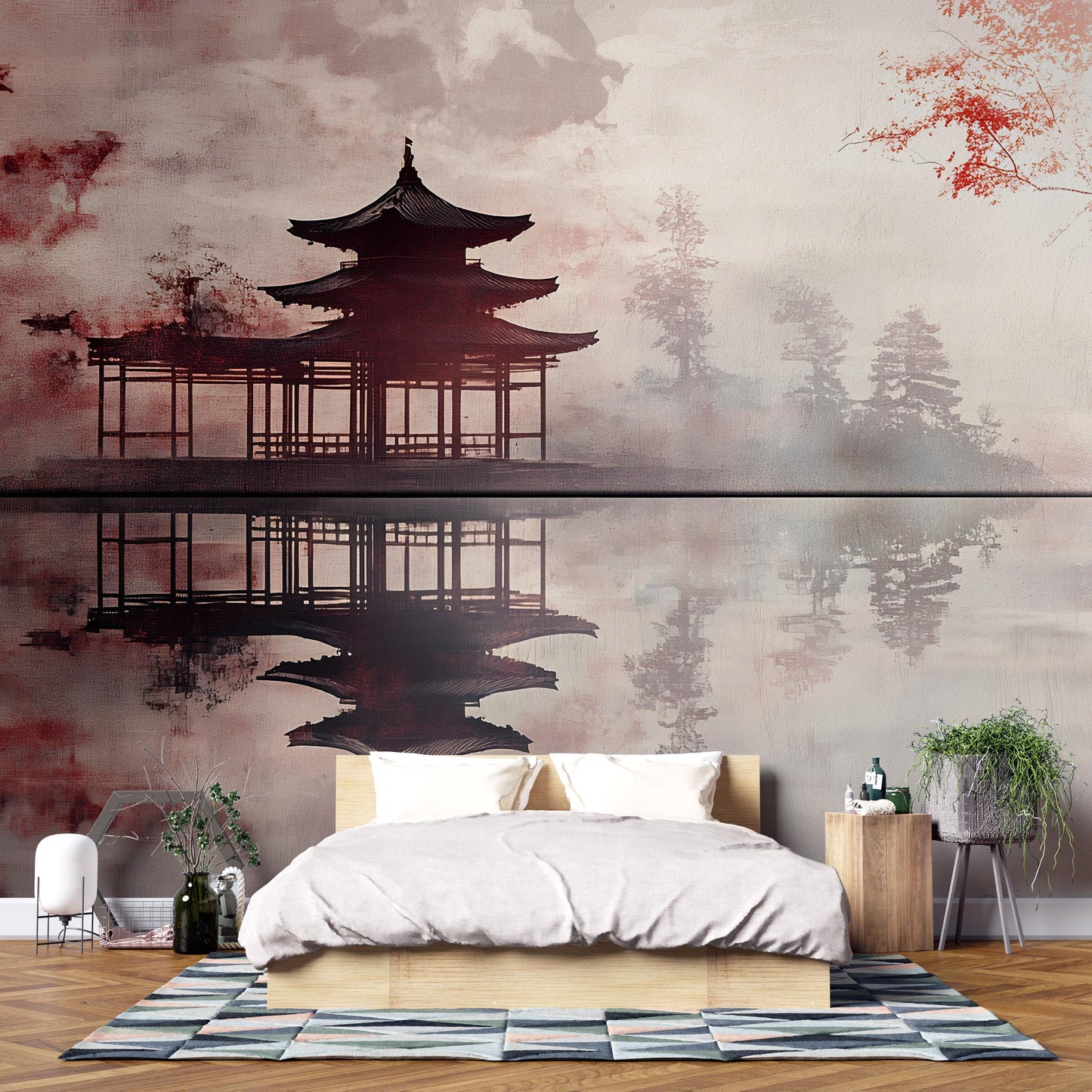 Zen Pagoda Wall Mural – Tranquil Asian Landscape Art for Bedroom, Serene Japanese Temple Decor, Removable Wallpaper Mural Vn490