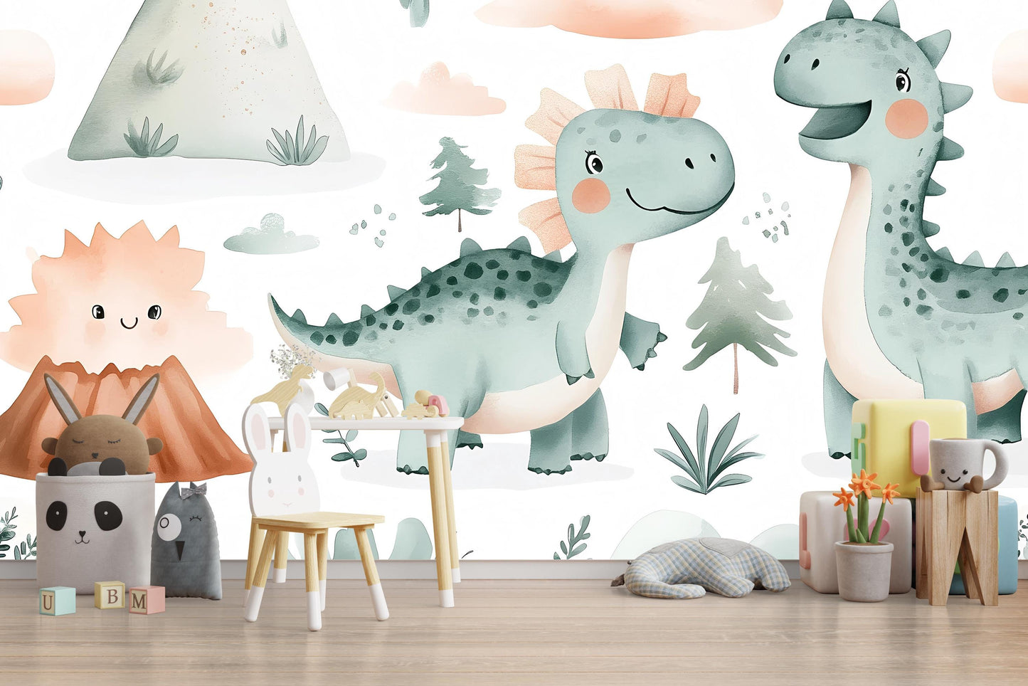 Happy Dinosaur Wall Mural – Cute Cartoon Dino Wallpaper for Nursery & Kids Room Vn977
