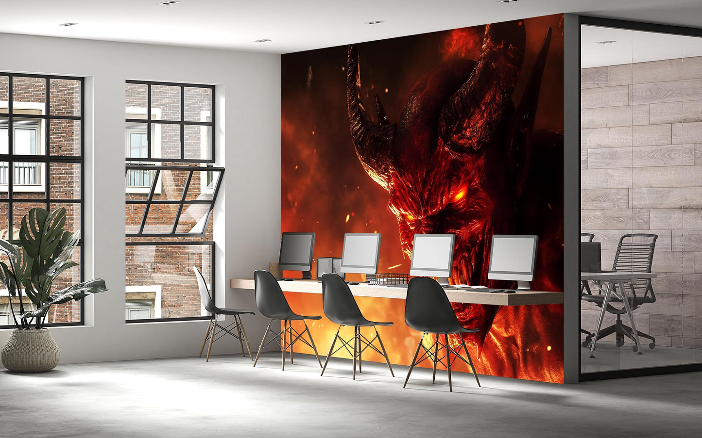Demon Wall Mural – Fiery Hell Beast Horror Room Decor  Vn810