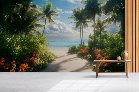 Tropical Beach Wall Mural | Ocean View Palm Tree Wallpaper | Coastal Jungle Scenic Removable Wall Art Vn291