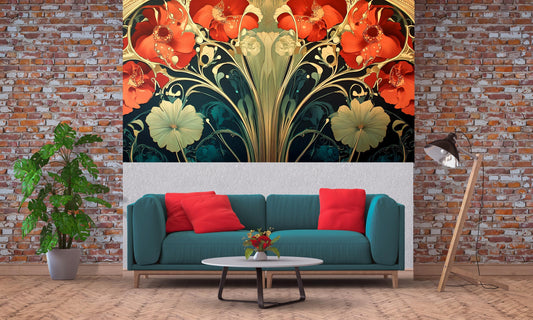 Boho Art Nouveau Floral Wall Art – Bold Red Poppy Canvas Print for Eclectic Living Rooms Vn191