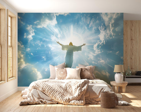 Heavenly Jesus Wall Mural | Christian Spiritual Bedroom Art | Religious Sky Clouds Wallpaper | Inspiring Faith Room Decor Vn613