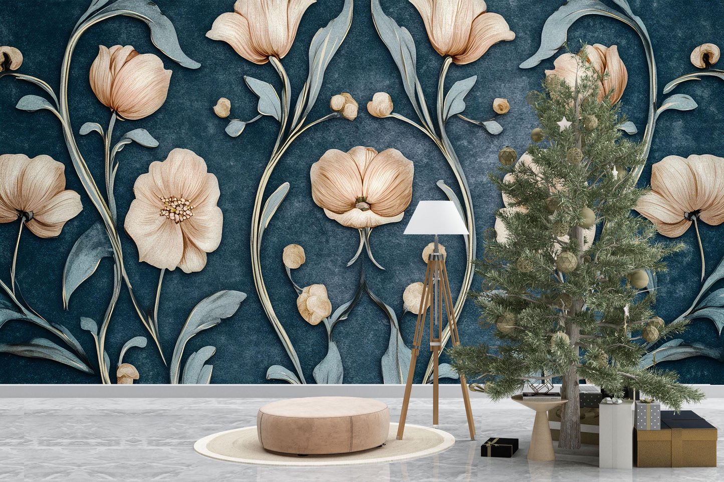 Elegant 3D Floral Wall Mural | Peach Flowers on Navy Background | Modern Botanical Wallpaper Vn753