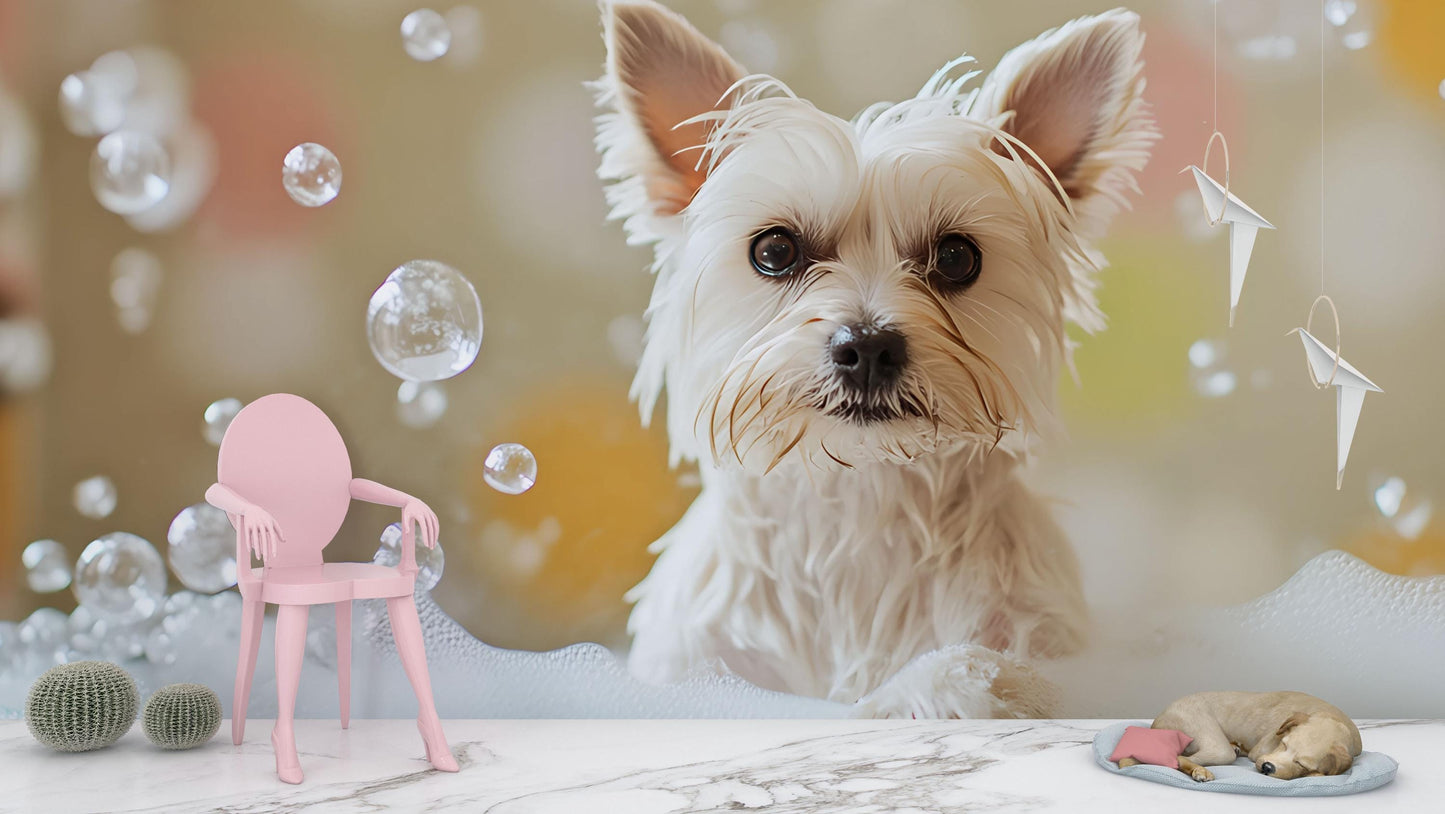 Modern Pet Grooming Salon Wall Art | Cute Yorkie Dog with Bubbles | Vet Office Decor | Dog Lover Gift | Veterinary Reception Print Vn669