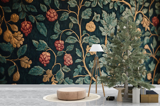 Vintage Botanical Wall Mural – Dark Floral Wallpaper with Raspberries, Elegant Tapestry Accent Wall for Living Room or Bedroom Vn844