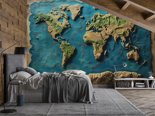 3D World Map Wall Mural | Textured Earth Map Wallpaper | Rustic Travel Bedroom Decor | Large Topographic Map Art Vn421
