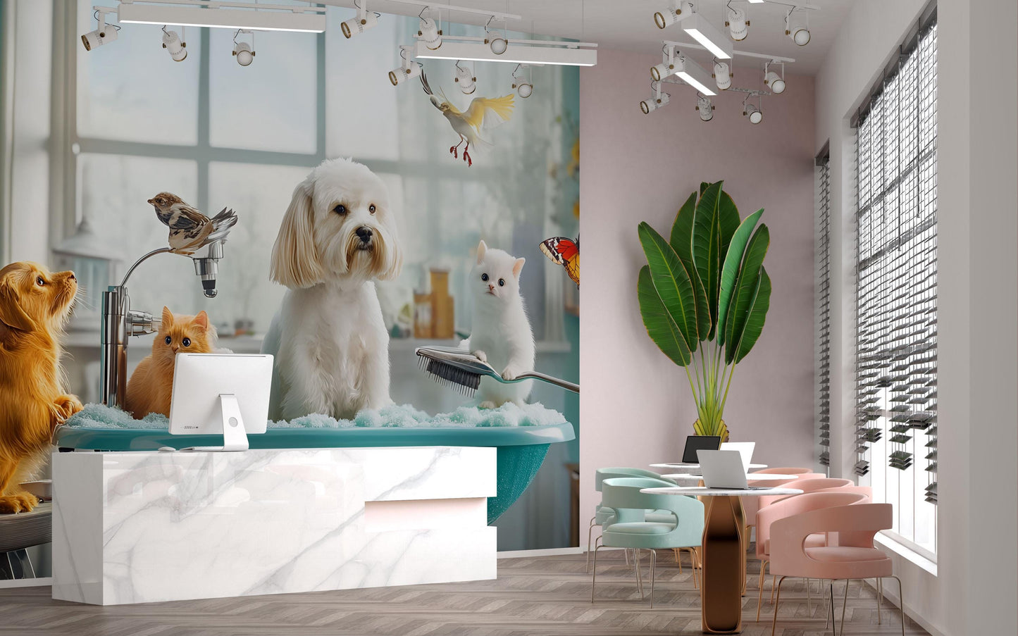 Whimsical Animal Bathtime Wall Mural – Cute Pets in Tub Scene Vn674