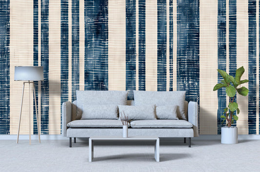 Navy Blue Striped Wallpaper | Modern Coastal Wall Mural | Vertical Stripe Wall Decor Vn1030