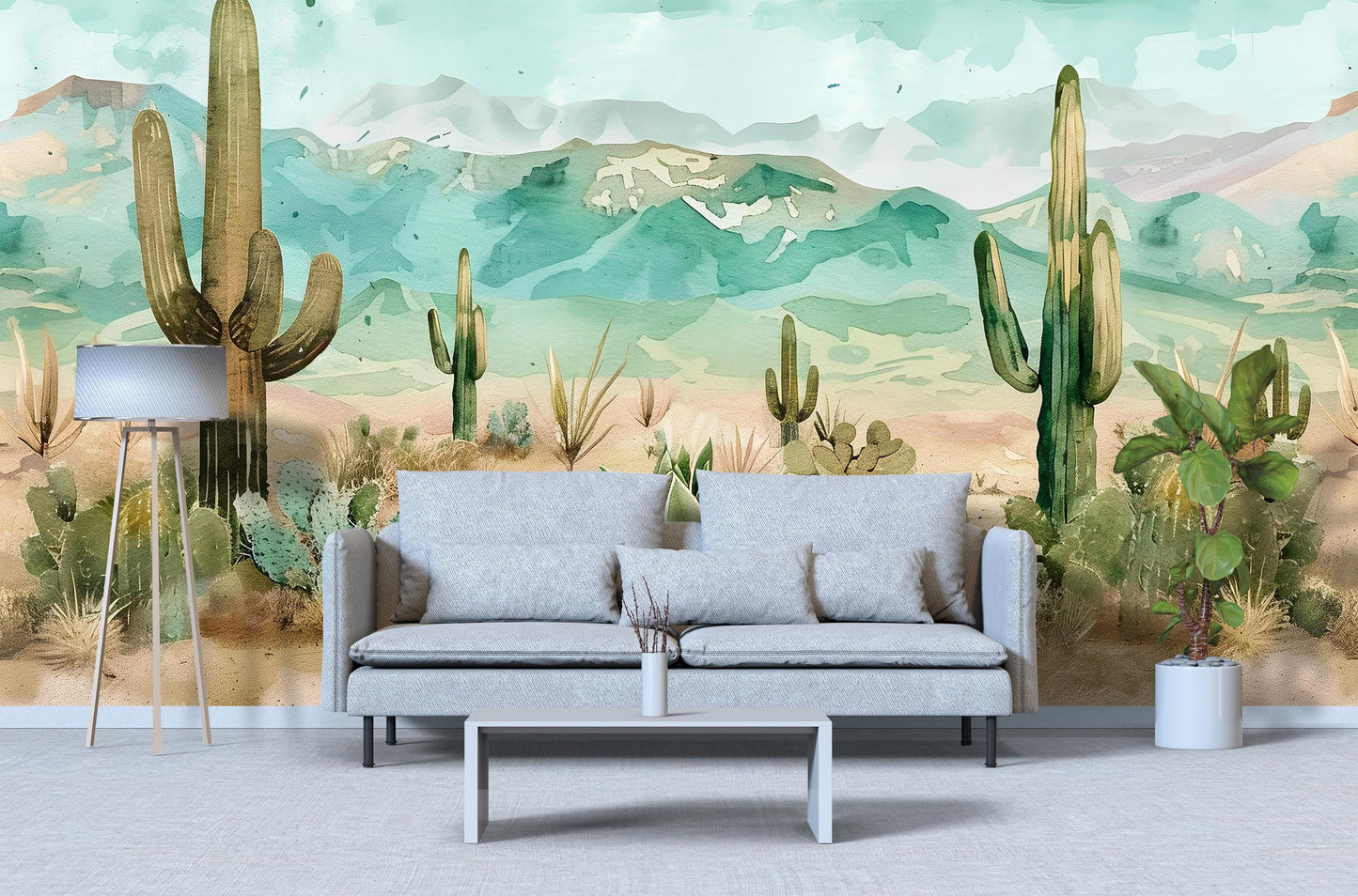 Watercolor Desert Cactus Wall Mural – Southwest Landscape Wallpaper with Mountains Vn1010