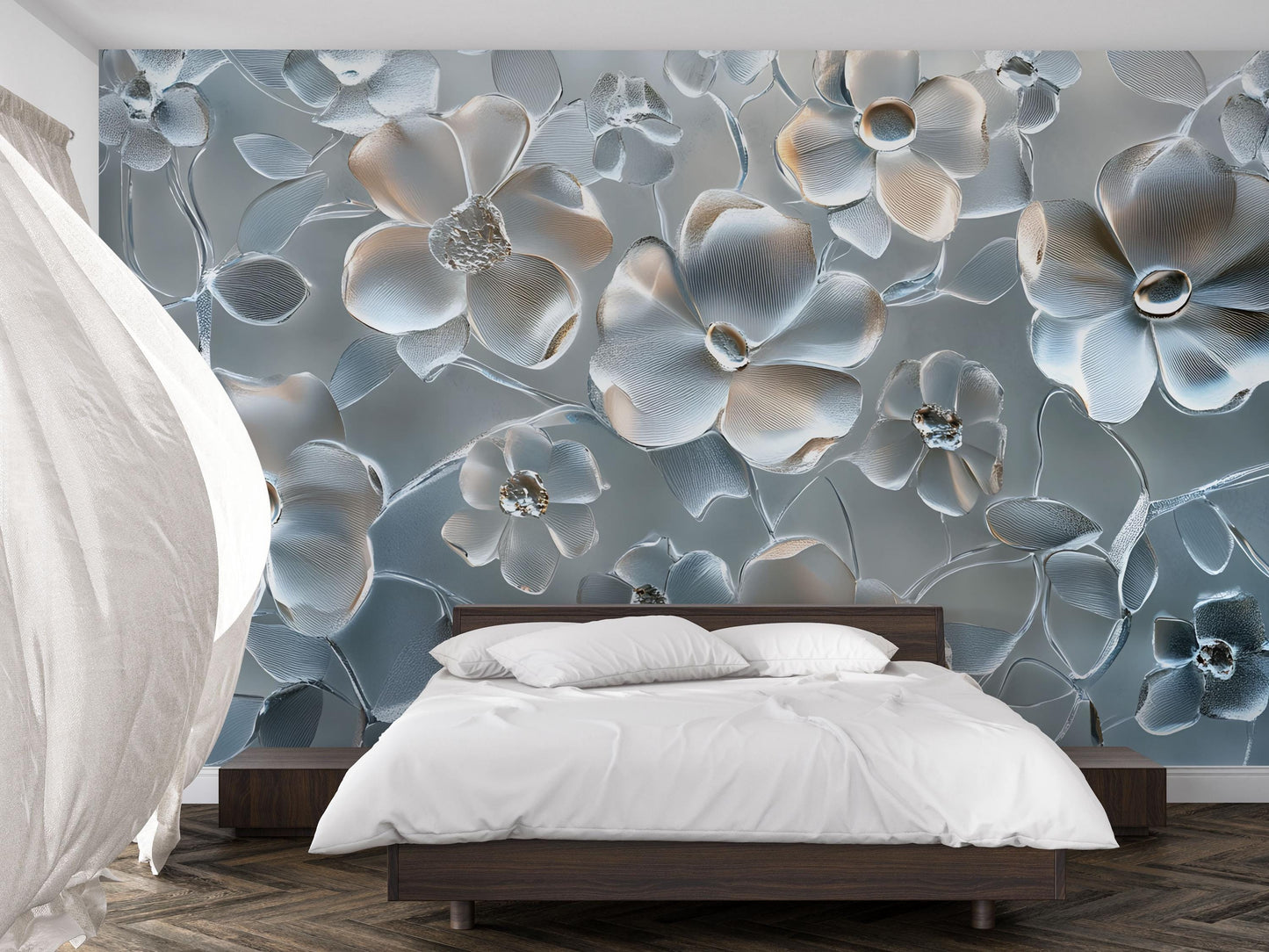 3D Floral Wall Mural for Bedroom – Elegant Blue and White Flower Wallpaper, Large Peel and Stick Wall Decor Vn657