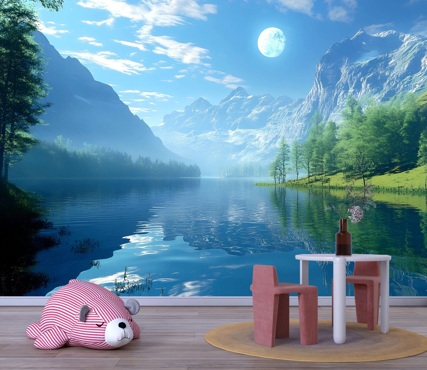 Moonlit Mountain Lake Wall Mural – Tranquil Night Sky & Alpine Landscape Wallpaper Vn831