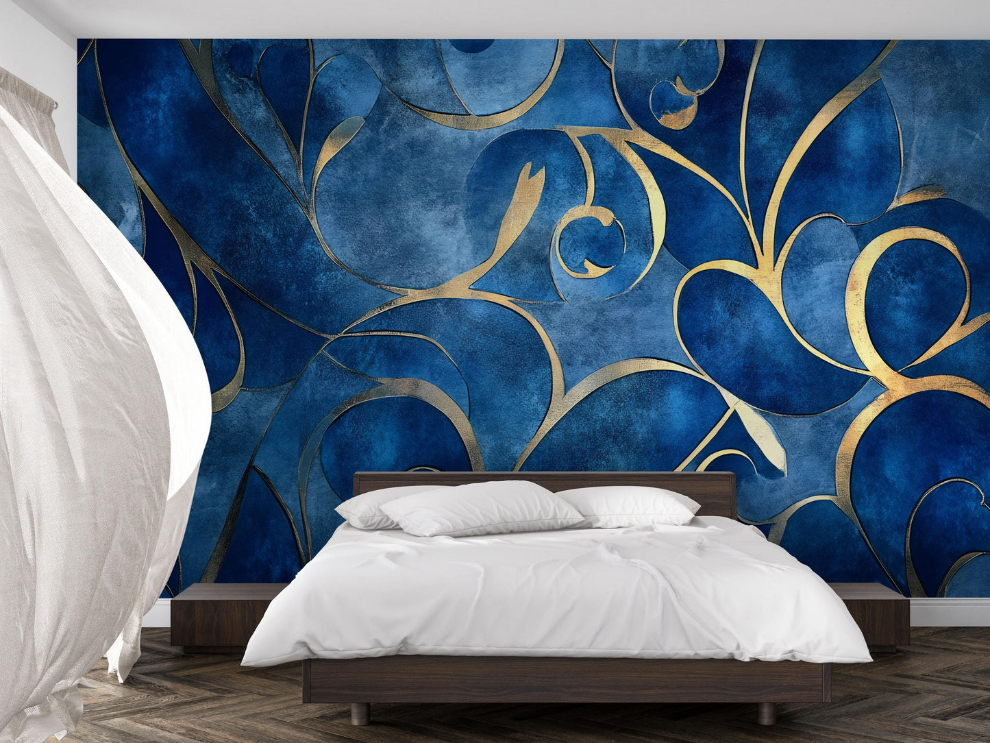 Luxury Blue and Gold Abstract Wall Mural – Modern Elegant Bedroom Feature Wallpaper Vn772
