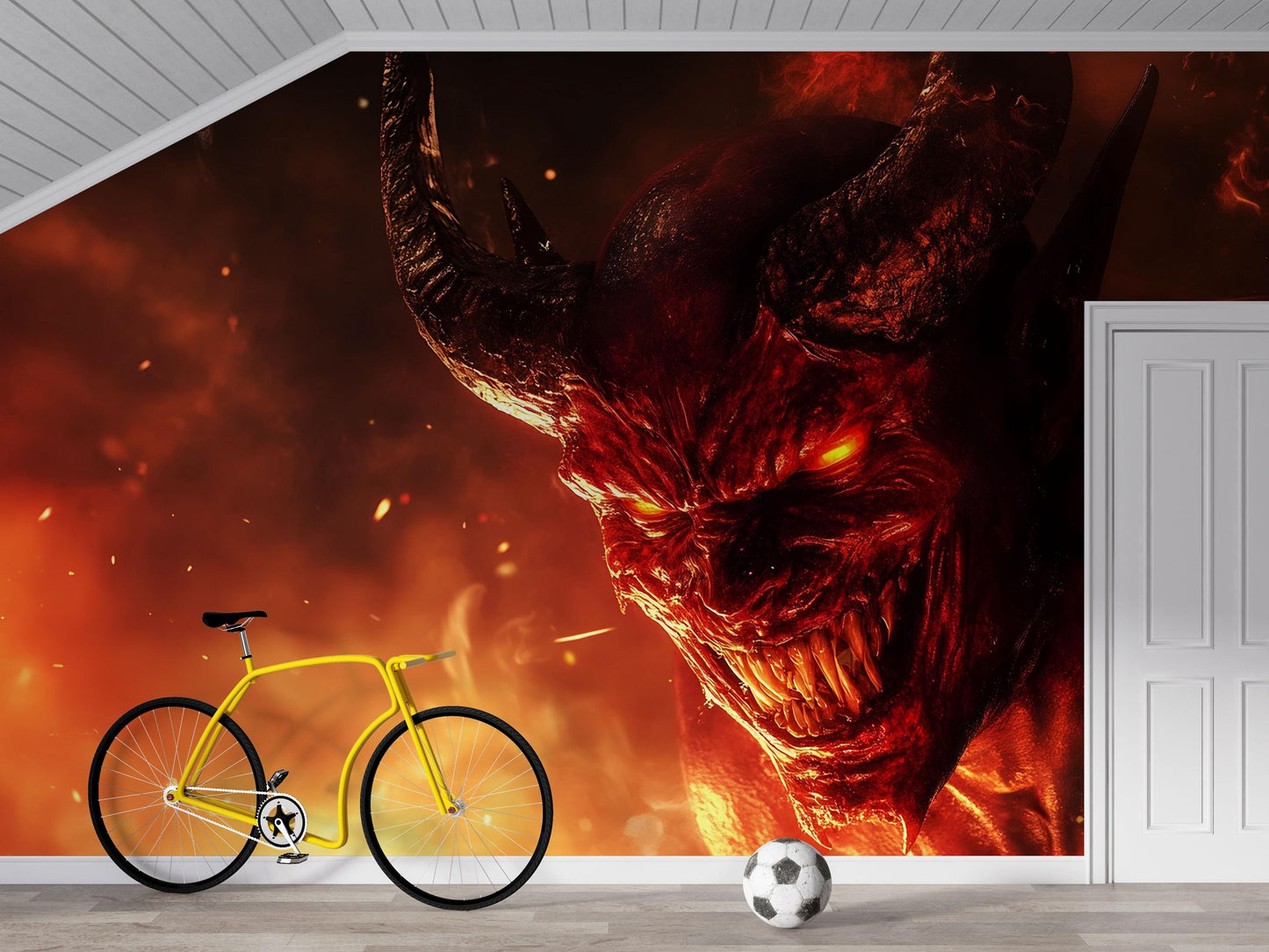 Demon Wall Mural – Fiery Hell Beast Horror Room Decor  Vn810