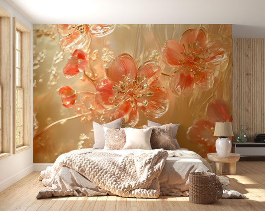 3D Red Floral Wall Mural – Large Glass Effect Flower Wallpaper for Bedroom Accent Wall Décor Vn598