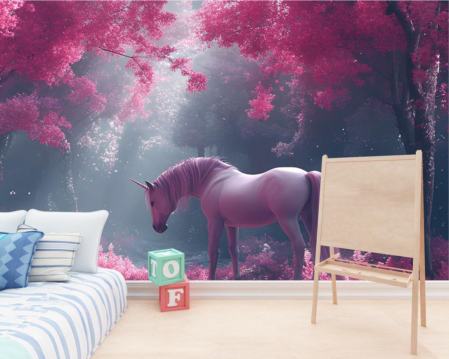 Magical Unicorn Wall Mural for Kids Room | Pink Fantasy Forest Wallpaper | Enchanted Unicorn Bedroom Decor Vn 301