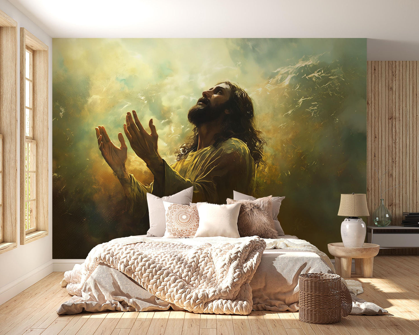 Jesus Wall Mural | Spiritual Bedroom Decor | Religious Art Wallpaper | Christian Prayer Scene | Large Faith Mural for Home Vn612