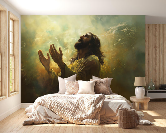 Jesus Wall Mural | Spiritual Bedroom Decor | Religious Art Wallpaper | Christian Prayer Scene | Large Faith Mural for Home Vn612