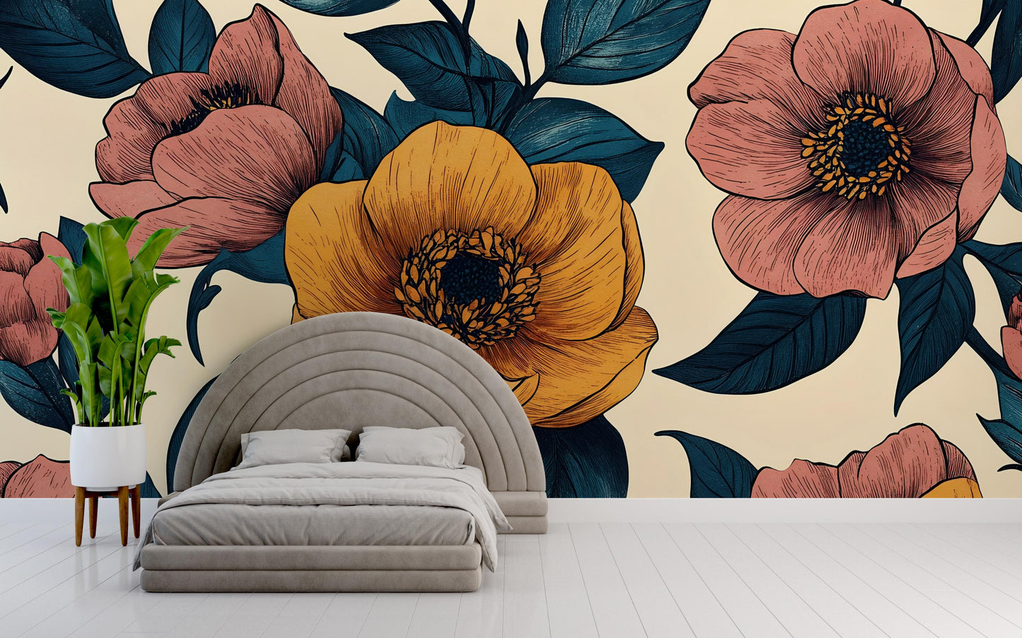 Vintage Floral Wall Mural – Yellow & Pink Flower Wallpaper Vn1026