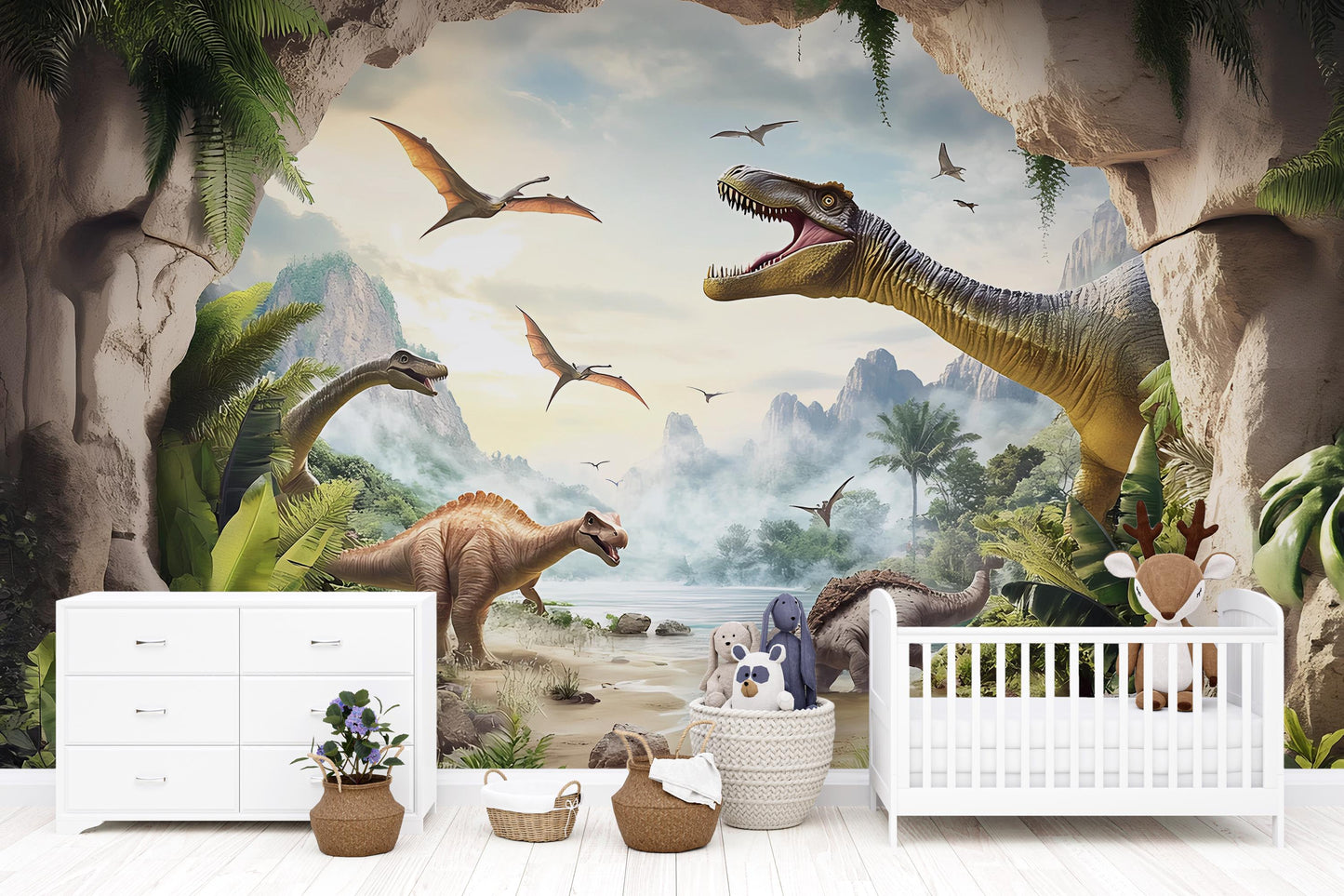 Dinosaur Nursery Wall Mural - Prehistoric Jungle Wallpaper for Baby Room, Boys Room Decor - Dino Theme Nursery Art Backdrop Vn403