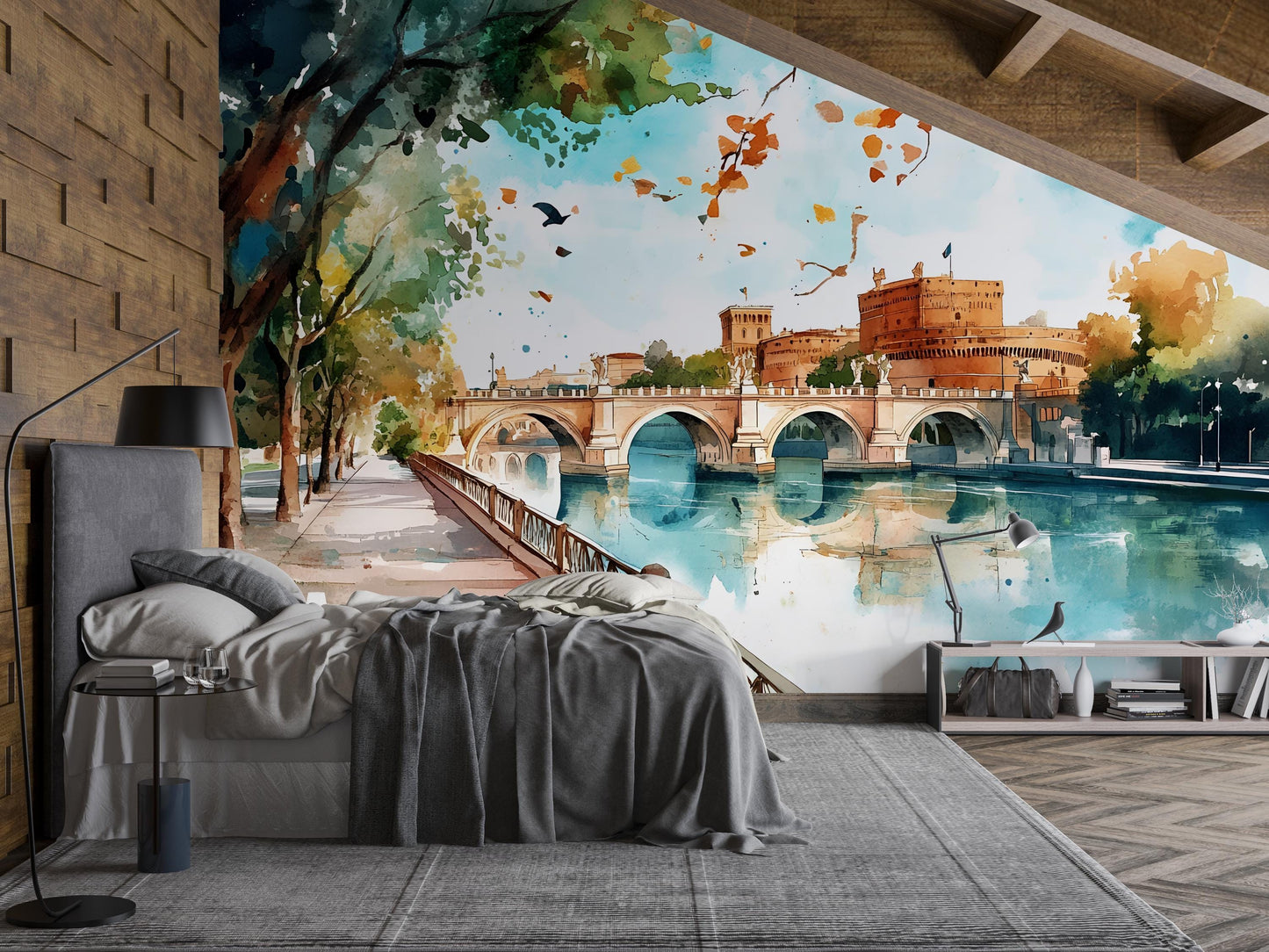 Rome Castel Sant’Angelo Wall Mural – Watercolor Italy Bridge & River Wallpaper Vn923