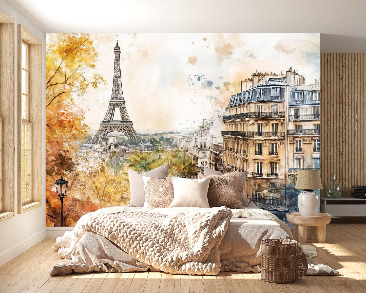 Eiffel Tower Wall Mural – Paris Street Watercolor Wallpaper Vn930